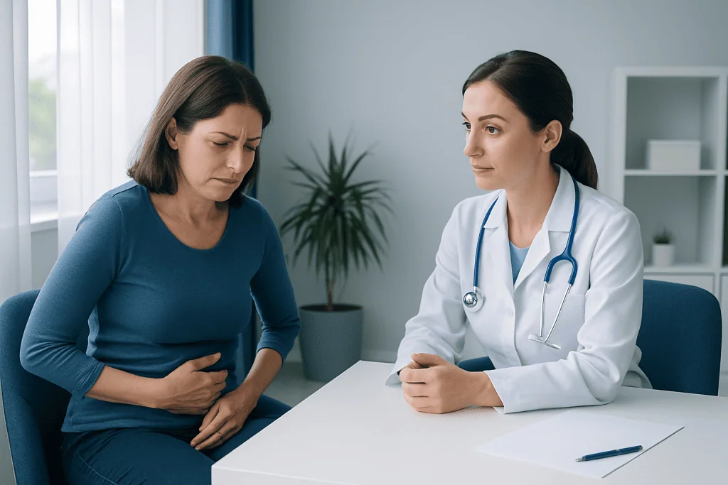 Doctor consulting with a patient experiencing stomach pain in a medical office.