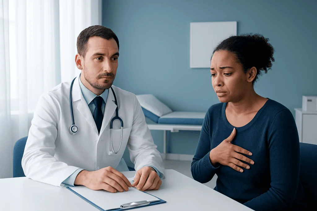 Doctor consulting with a patient about symptoms in a hospital room.