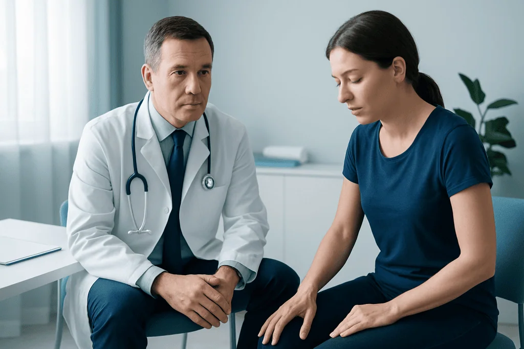 Doctor consulting a patient about muscle health in a clinical setting.