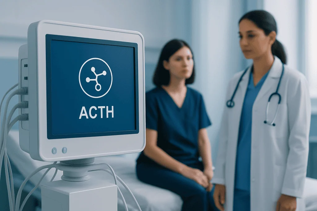 Medical professionals discussing ACTH hormone testing in a hospital setting.