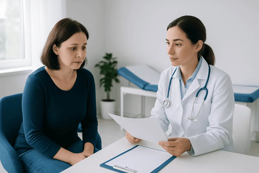 Doctor explaining blood report to patient in a clinical setting.