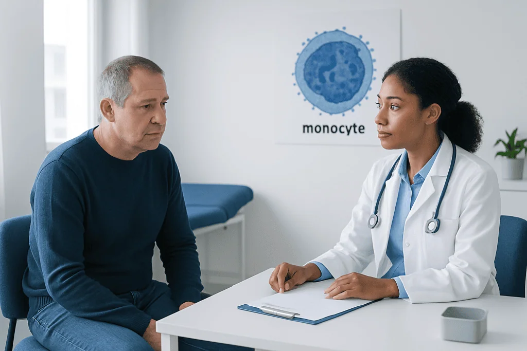 Doctor consulting with a patient about monocytes in a medical office.