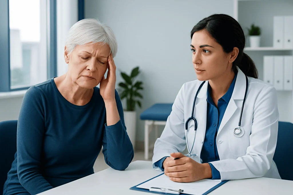 Doctor consulting with an elderly woman experiencing headache or discomfort.