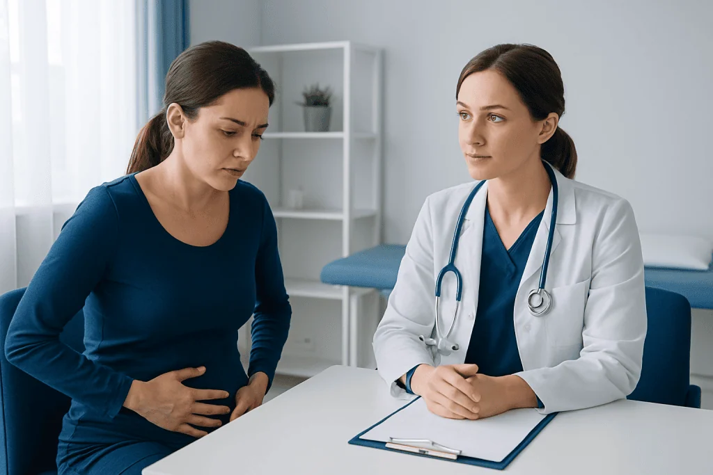 Doctor consulting with a patient about adnexa health in a clinical setting.