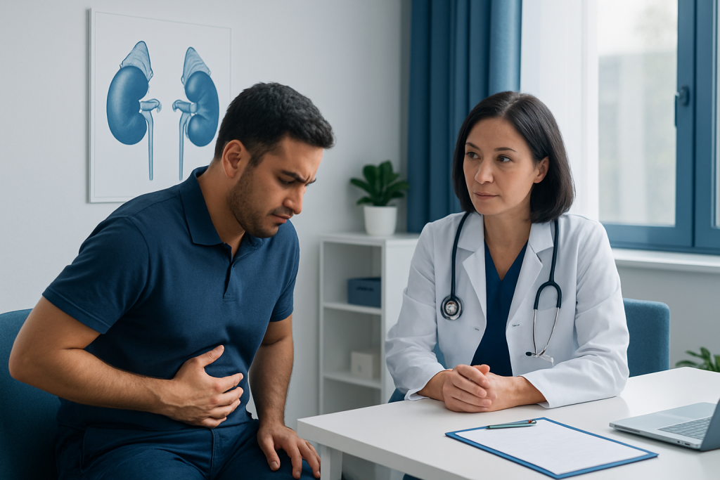 Doctor consulting with patient about abdominal pain in clinic setting.