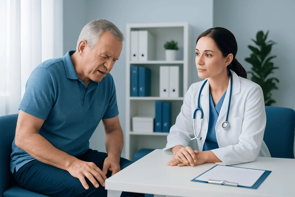 Doctor consulting with an elderly male patient in a medical office.