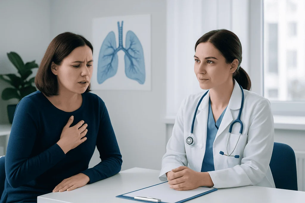 Doctor consulting with patient about respiratory health in a hospital setting.