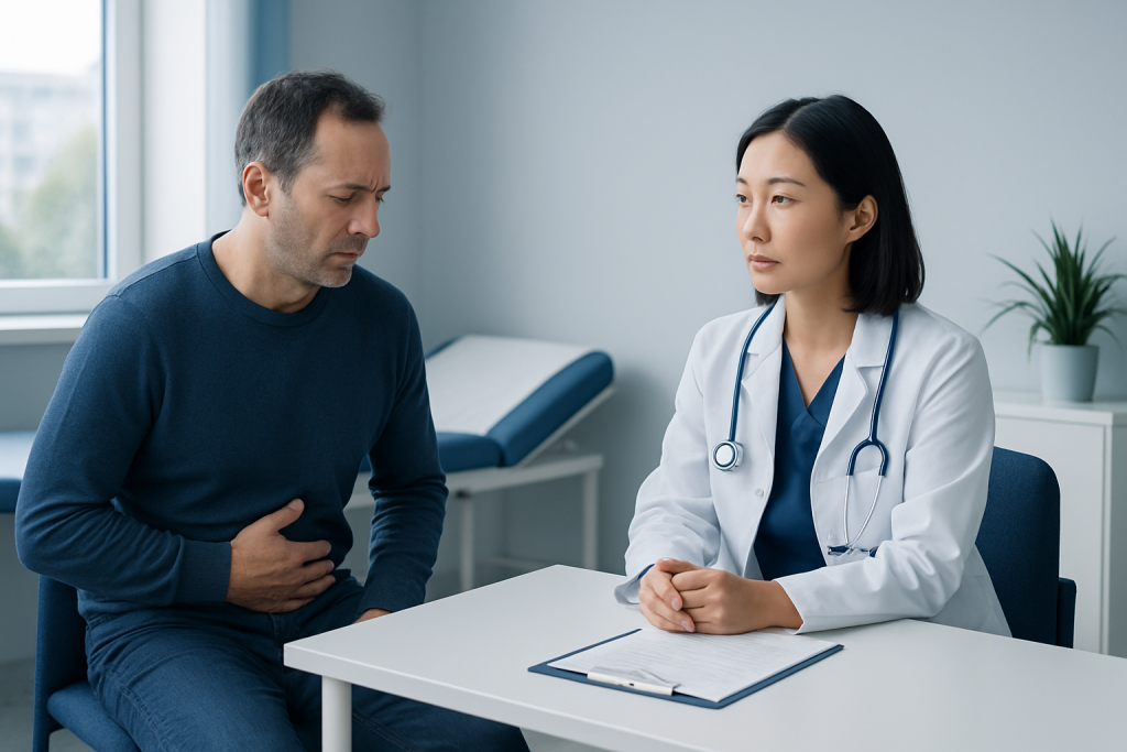 Doctor consulting with a patient experiencing stomach pain at a hospital.