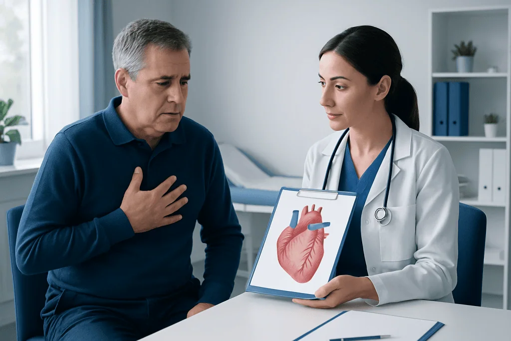 Doctor explains heart anatomy to patient using a visual model.
