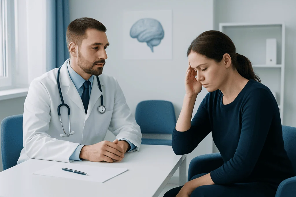 Doctor consulting with a patient in a medical office with brain diagram on the wall.