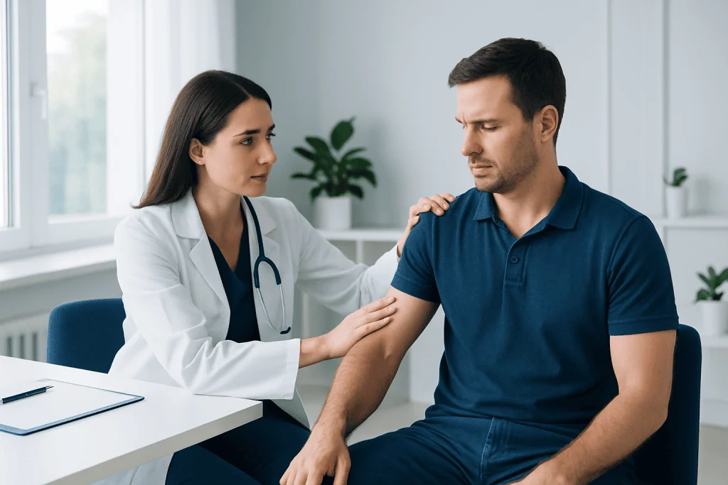 Doctor examining patient's shoulder for external rotation issues.