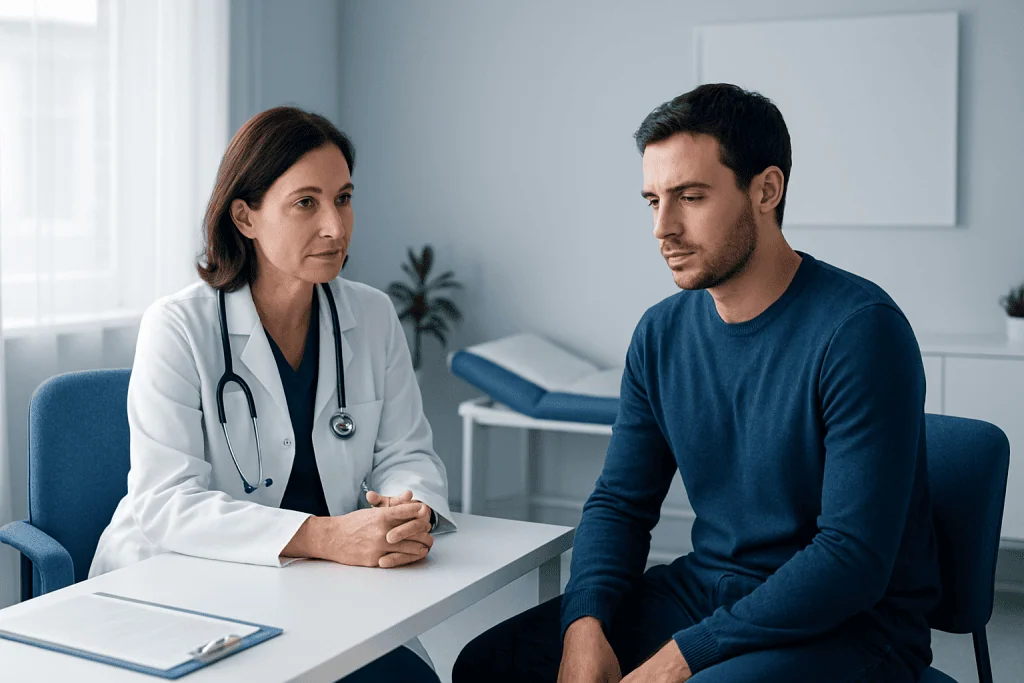 Doctor consulting with a male patient in a medical office.