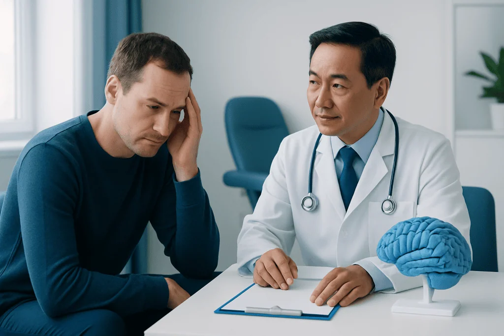 Doctor explaining brain health to a patient in a medical consultation room.