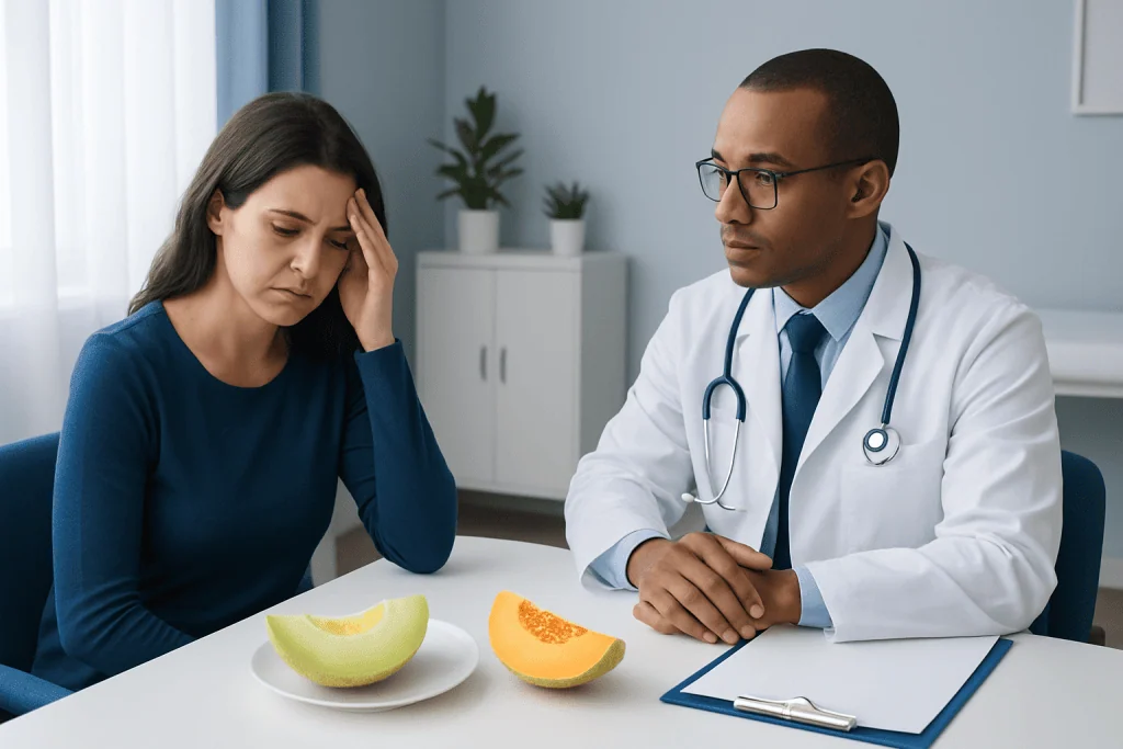 Doctor consulting with woman about melon health issues.