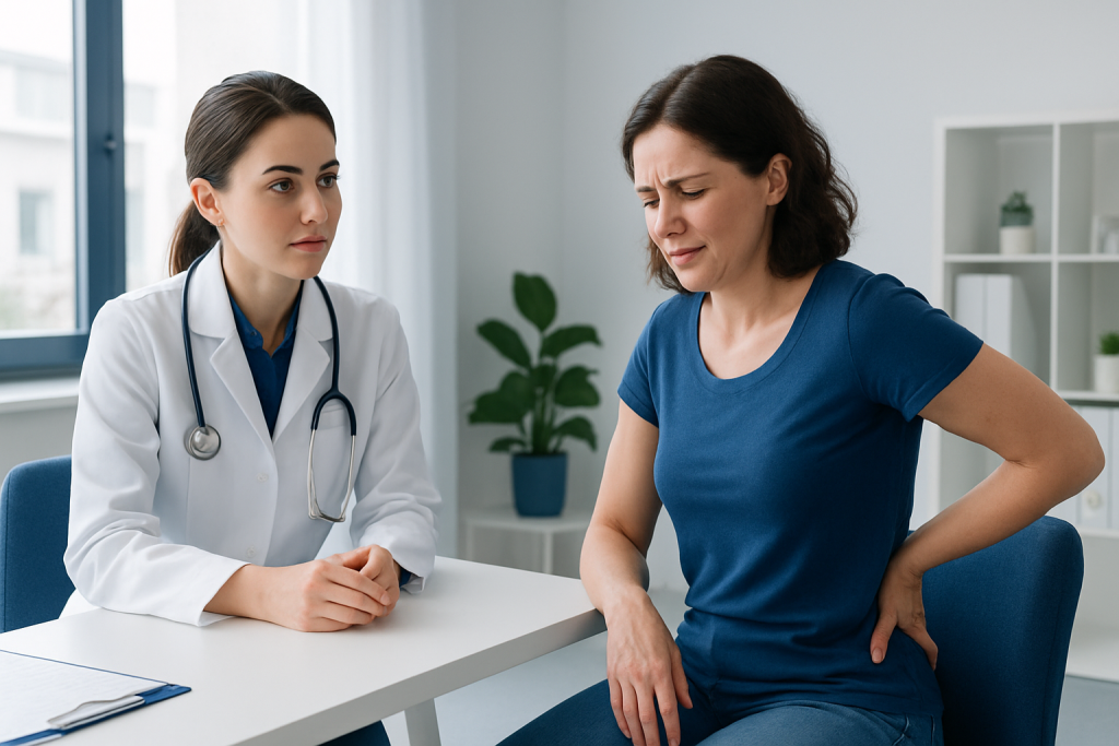 Doctor consulting a patient with back pain in a modern clinic setting.