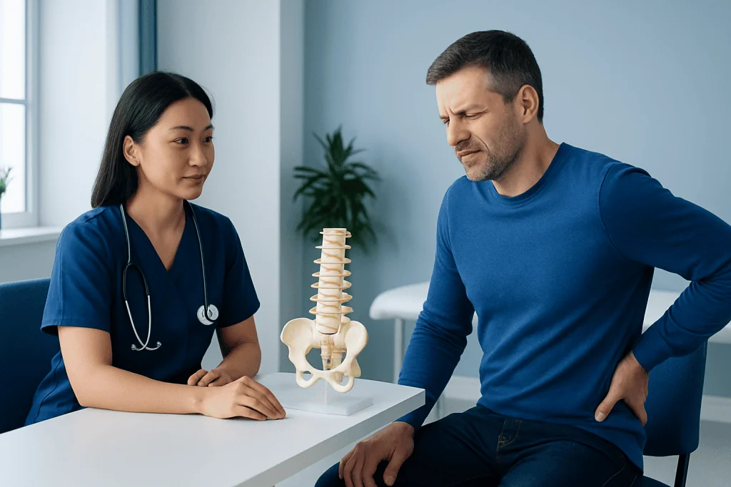 Doctor explaining lumbar spine issues to patient with spine model.