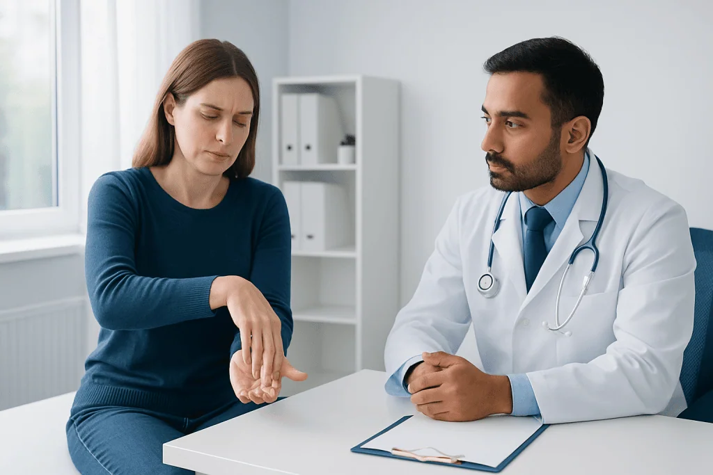 Doctor examining patient's wrist in a medical consultation room.