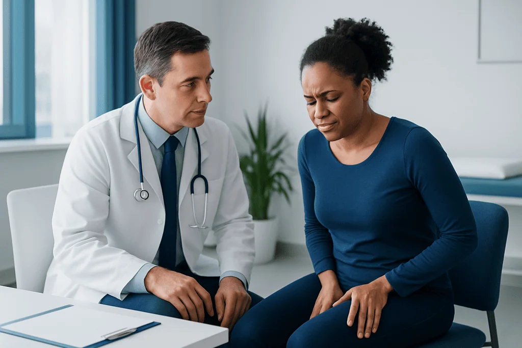 Doctor consulting with a woman patient experiencing pain in a medical office.