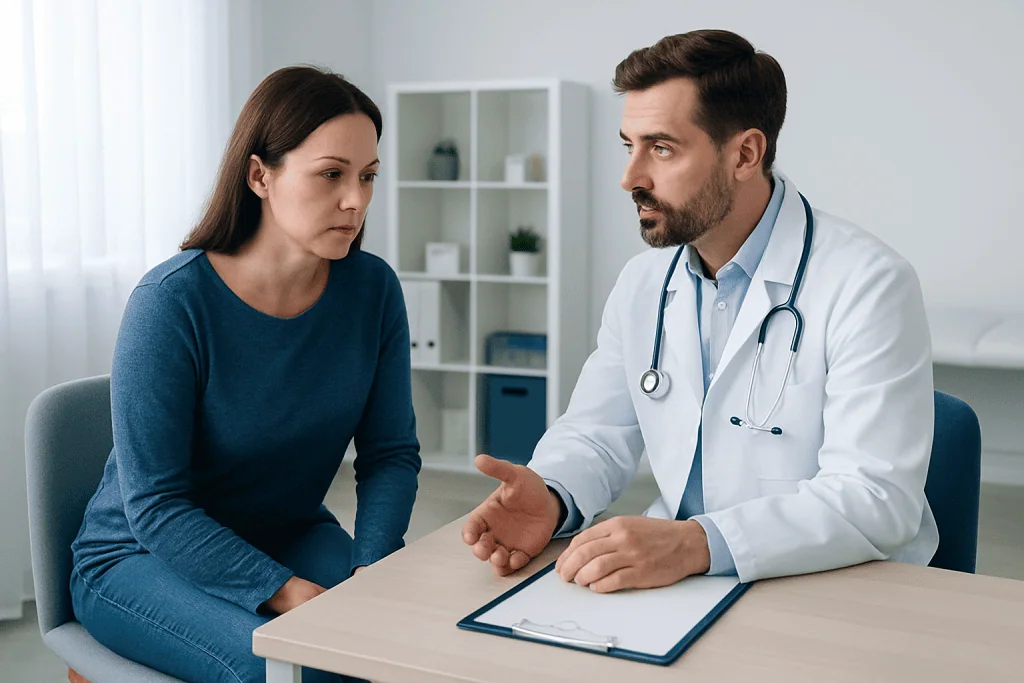Doctor consulting with a female patient in a medical office.
