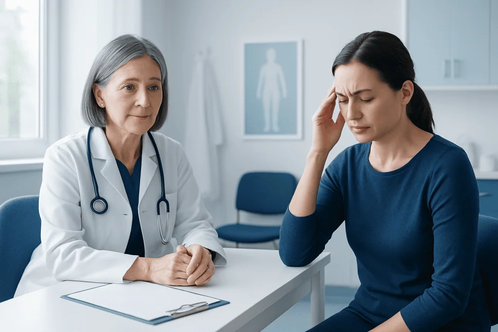 Doctor consulting with a patient experiencing headache in a medical office.