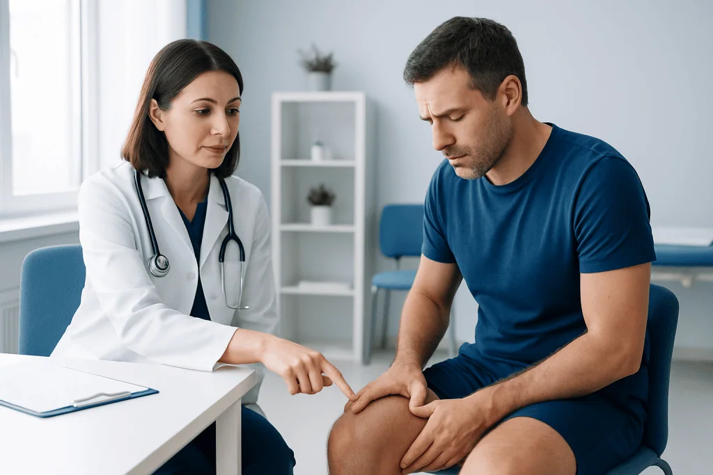 Doctor examining patient's knee in a medical consultation at Acibadem Hospital.
