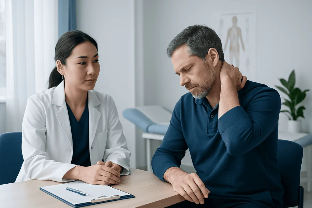 Doctor consulting with a patient about neck pain in a medical office.