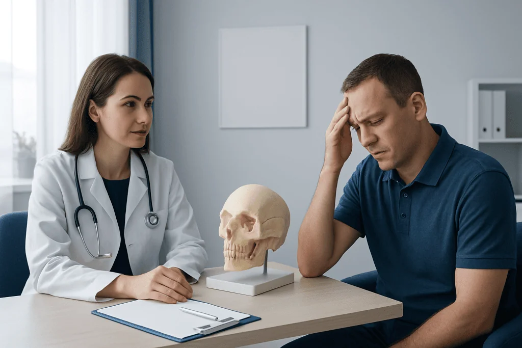 Doctor explaining skull anatomy to patient in consultation room.