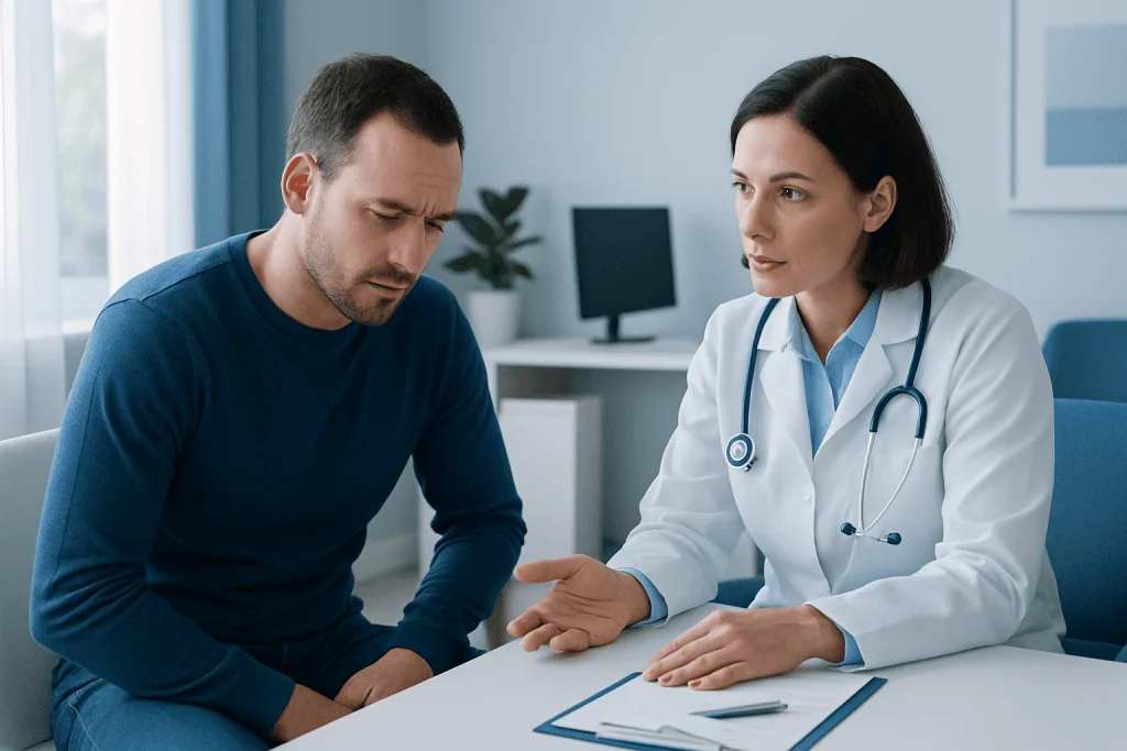 Doctor consulting with male patient in a medical office setting.