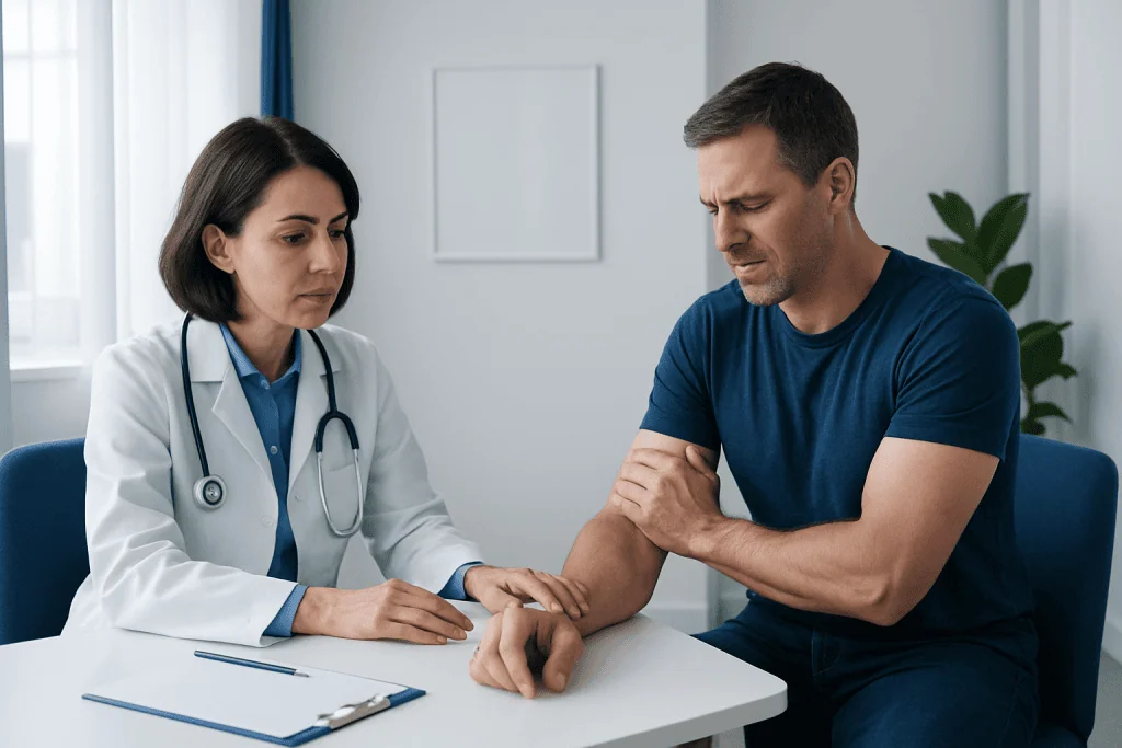 Doctor examining a patient's arm in a medical consultation room.
