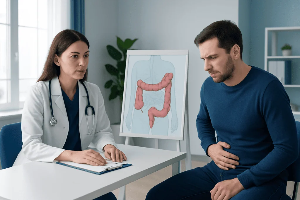 Doctor explaining descending colon issues to patient with colon diagram.