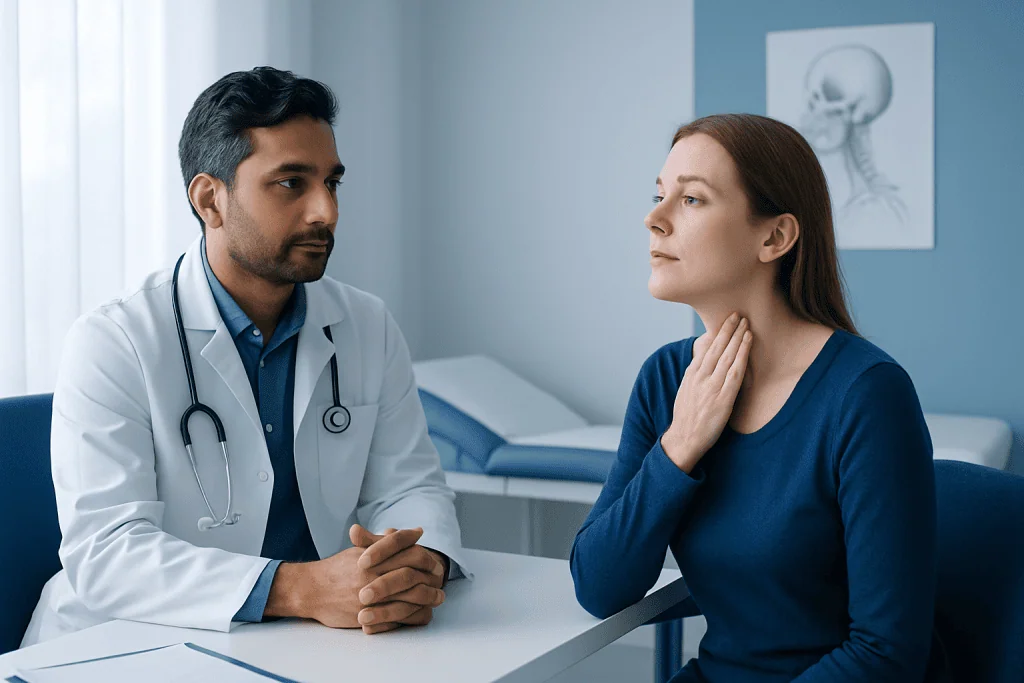 Doctor consulting with a patient about throat or neck issues.