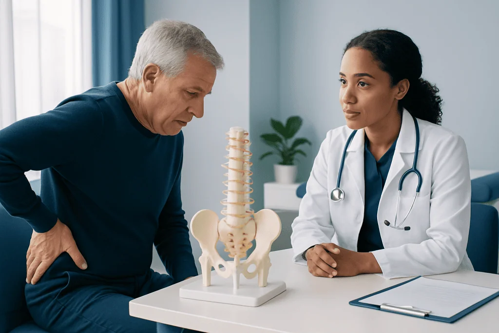 Doctor explaining sacrum anatomy to patient with spine model in clinic.