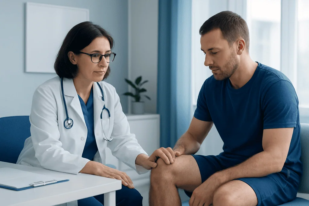 Doctor examining patient's knee in a medical consultation room.