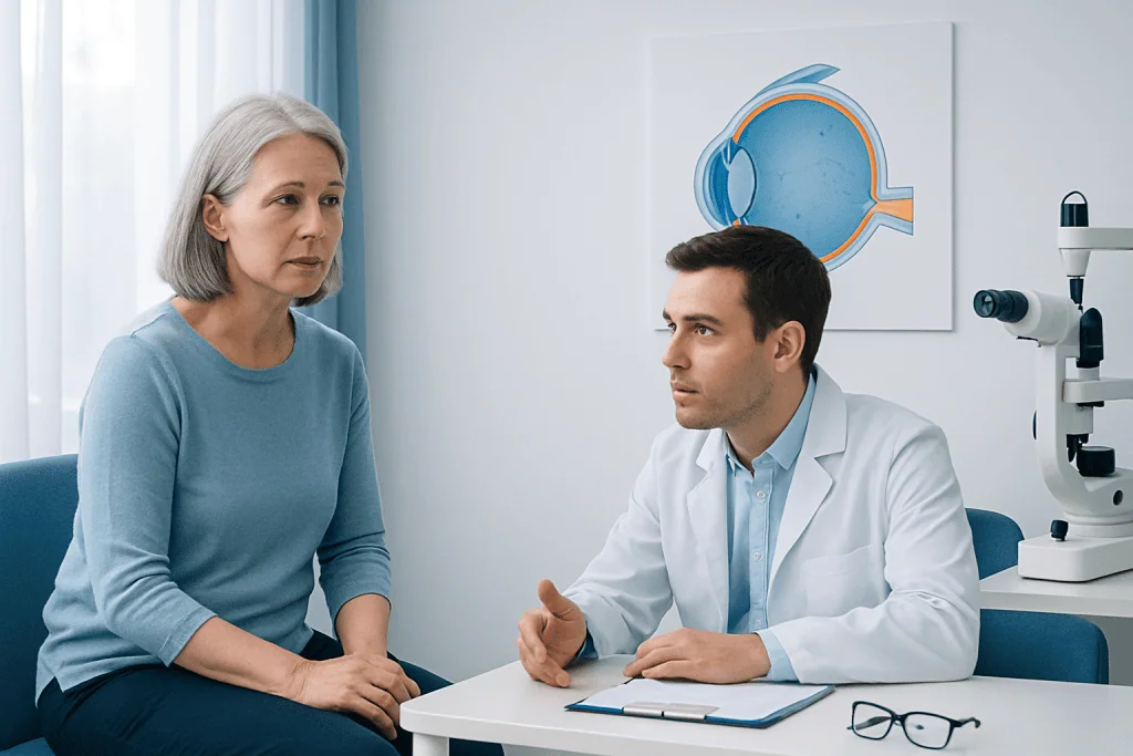Ophthalmologist consulting an elderly woman about eye health in clinic.