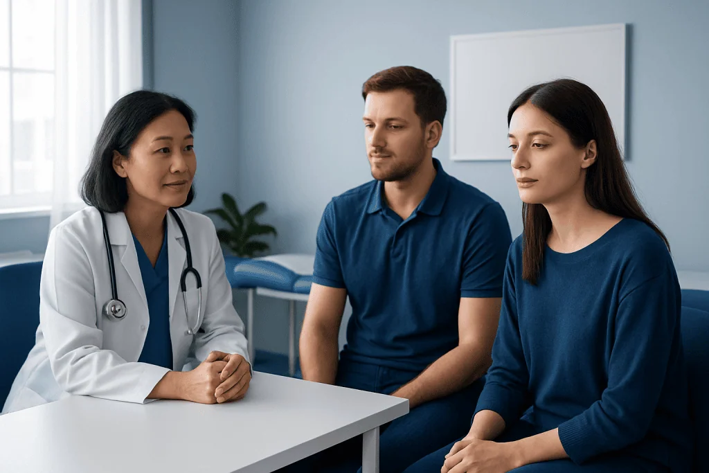 Doctor consulting with two patients in a medical office setting.