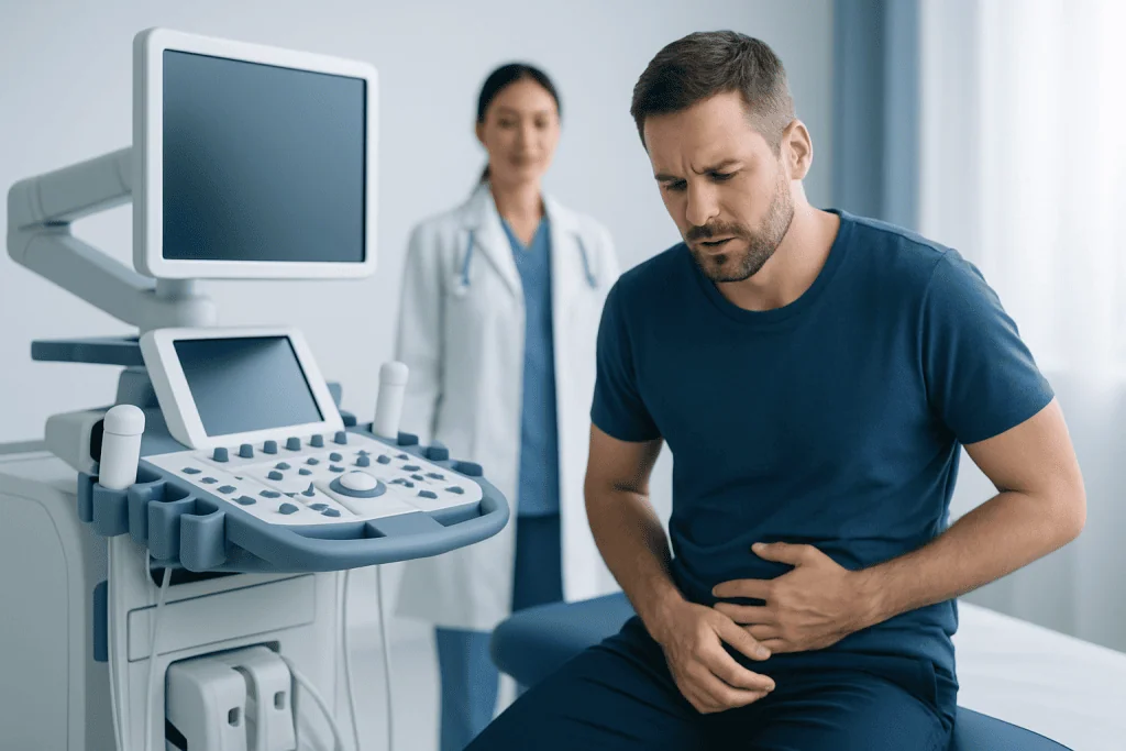 Man experiencing abdominal pain during a medical examination at a hospital.