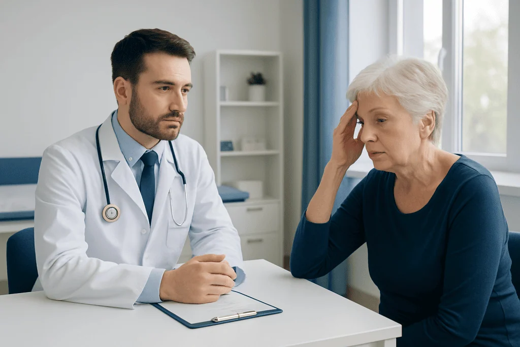 Doctor consulting elderly woman about muscle weakness symptoms in a clinic.