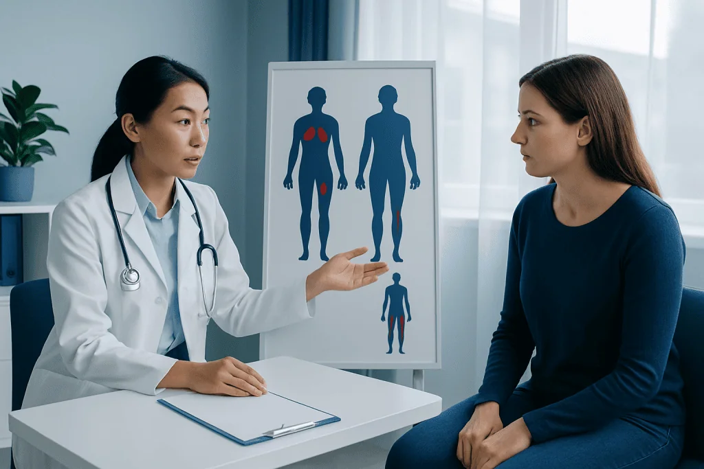 Doctor explaining blood clot locations to patient in clinic setting.