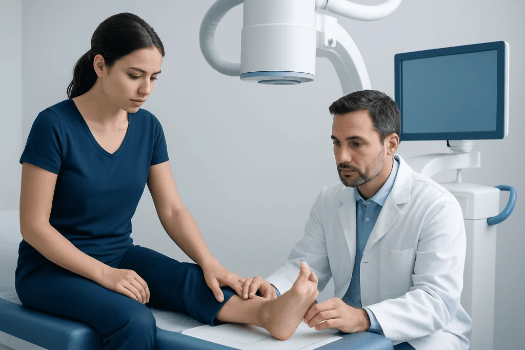 Doctor examining patient's foot in a medical clinic setting.