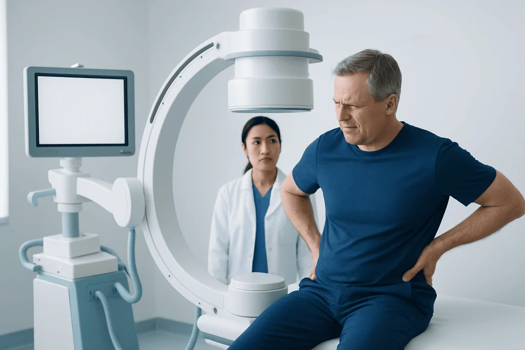 Patient experiencing back pain during a medical examination at Acibadem Hospital.
