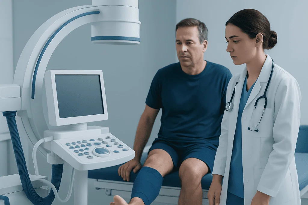 Medical professional explains X-ray results to patient with leg injury.