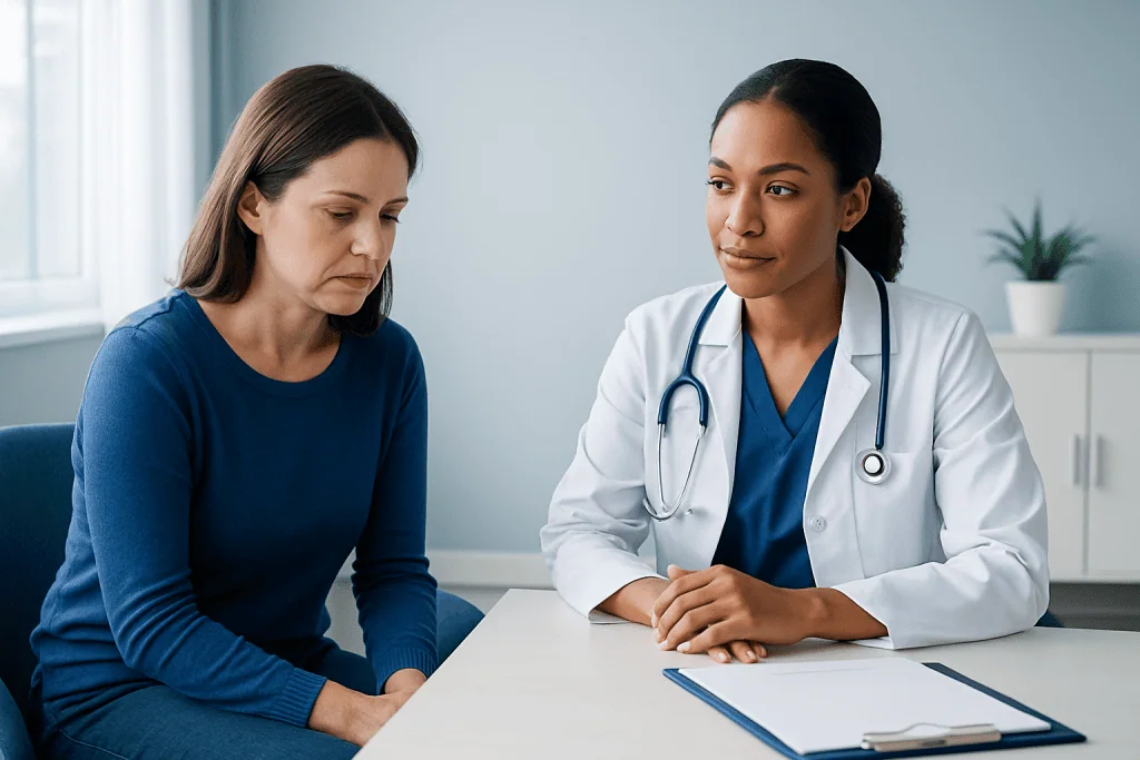 Doctor consulting with a patient about health concerns in a clinical setting.