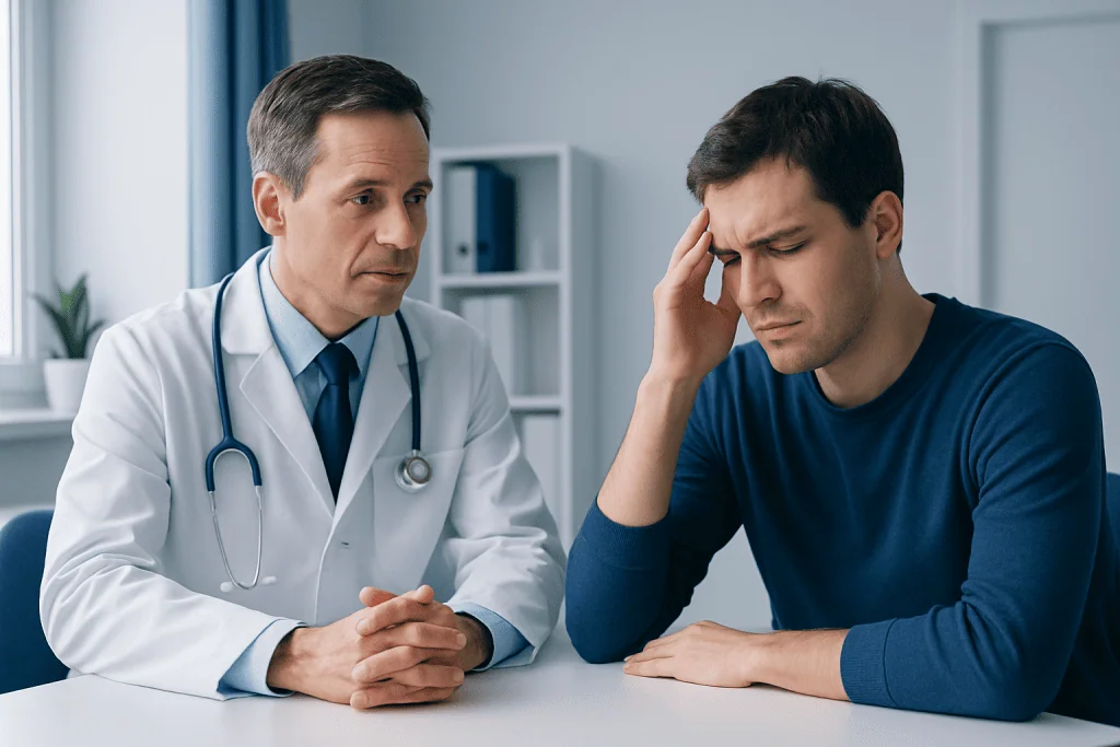 Doctor consulting with a young man experiencing headache or concern.