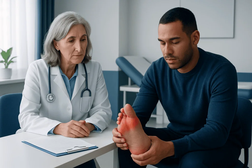 Doctor examining a patient's inflamed foot in a medical consultation.