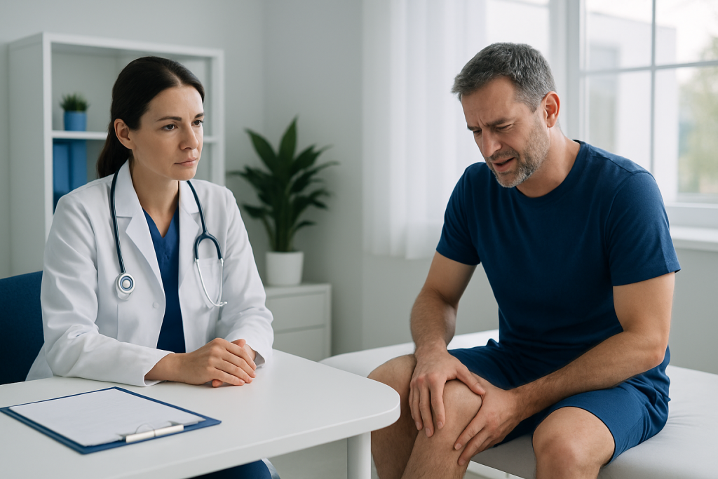 Doctor consulting with a patient about knee pain in a medical office.
