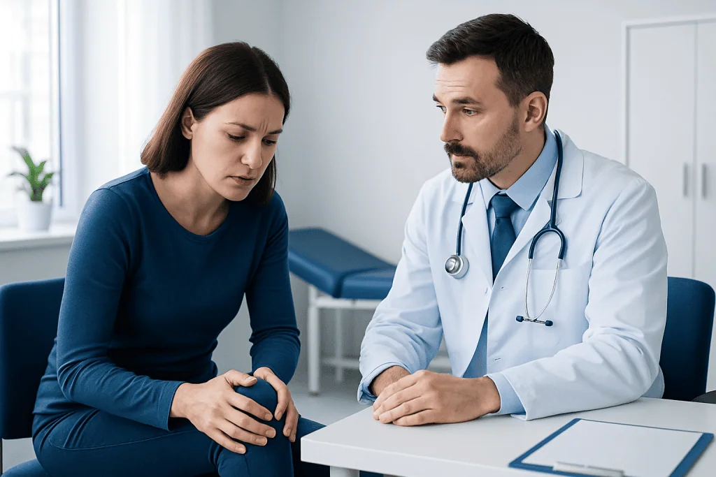 Doctor consulting with a patient about knee pain in a clinical setting.