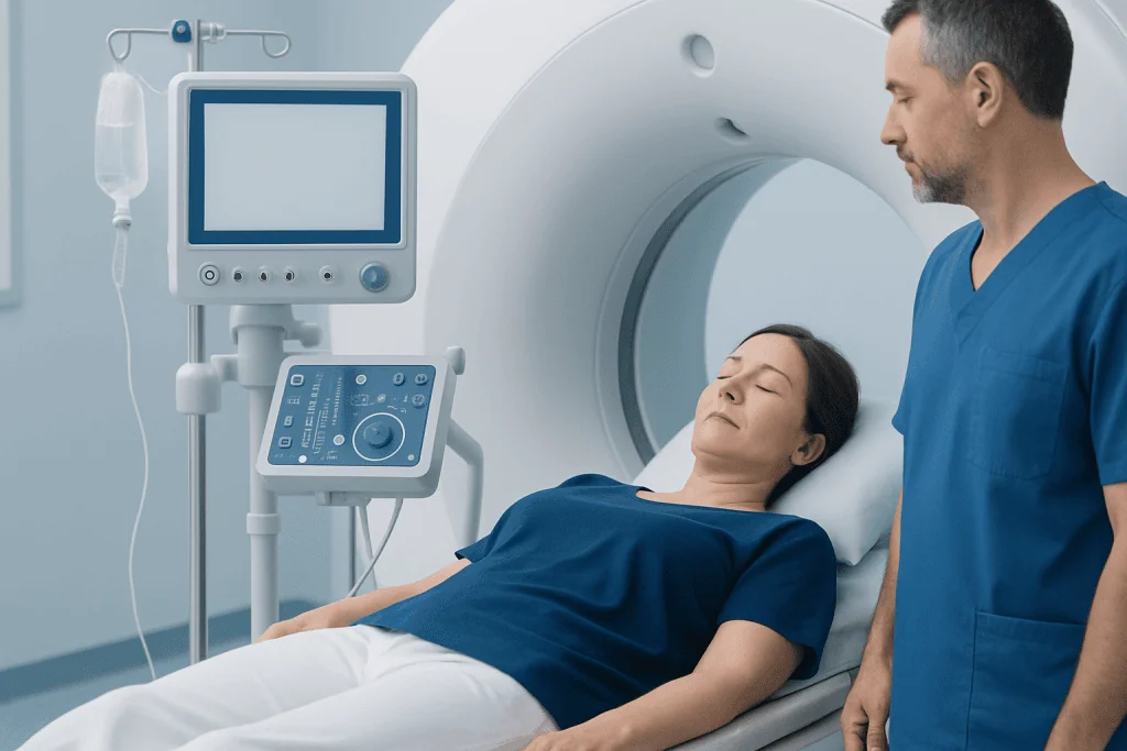 Patient undergoing MRI scan in a hospital setting with medical staff present.