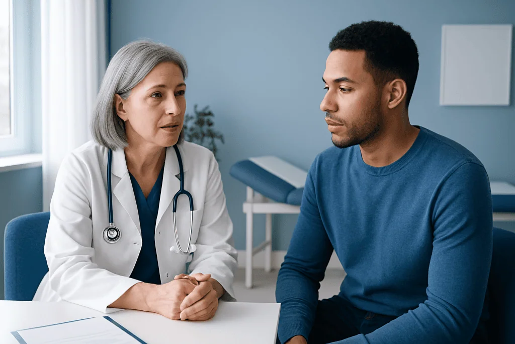 Doctor consulting with a male patient in a medical office.