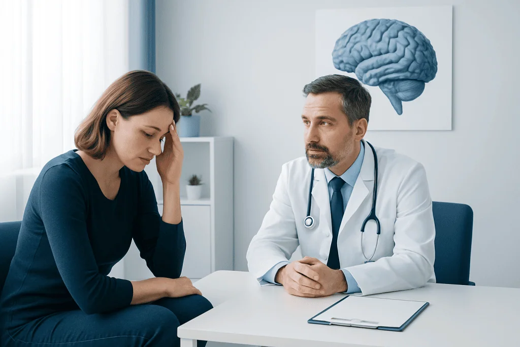 Doctor consulting with a patient about brain health in a medical office.