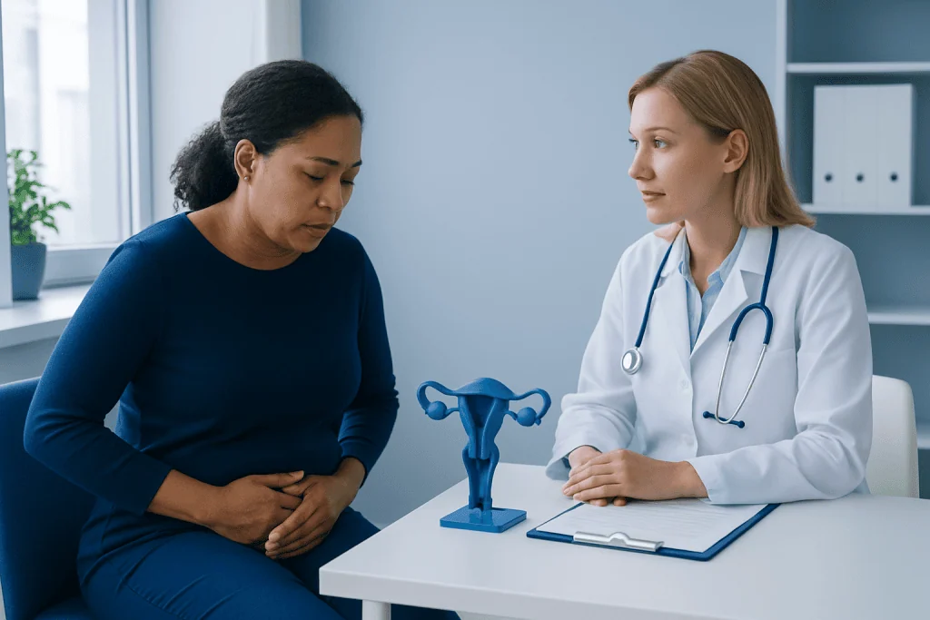 Doctor explaining prolapsed uterus to patient in consultation room.